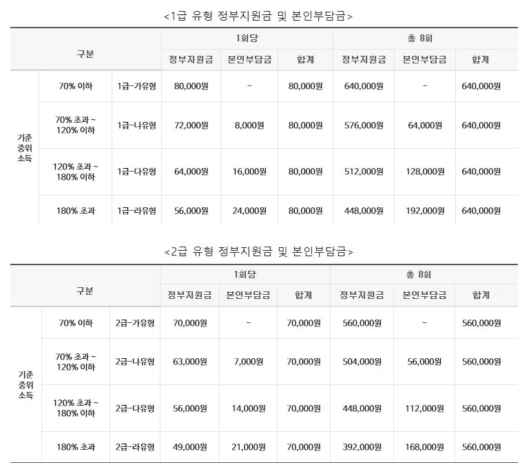 전국민 마음투자 지원사업의 정부지원금 및 본인부담금 금액이 표기된 표 