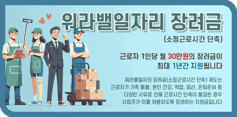 우라밸일자리 장려금 신청방법. 소장근로시간 단축 설명을 위한 근로자 그림과 문구 타이틀